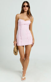 Gigi Mini Linen Blend Dress - Sweetheart Tie Back Scallop Detail Dress in Pink