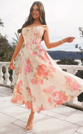 Jonas Midi Dress - Ruched Corset Lace Trim Dress in Vintage Spring Floral