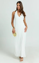 Roseville Midi - Wrap Front Halter Dress with Hardware Detail in White