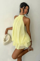 Sexy Backless Halter Tie Waist Slim Fit Ruffled Mini Dress