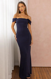 Ella Navy Off Shoulder Crepe Formal Maxi Dress