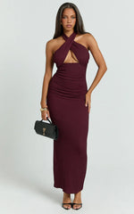 Vivianne Midi Dress - Wrap Halter Neck Fitted Skirt Dress in Wine