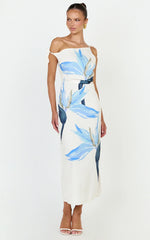 Zali Midi Dress - Off Shoulder Side Split Column Dress in Zali Floral Print