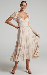 Anita Midi Dress - Puff Sleeve Tiered Dress in Beige