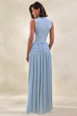 Glimora | Powder Blue High-Neck Maxi Dress With Ruched-Detailing