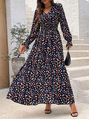 Loose Puff Sleeves Elasticity Floral Printed Split-Joint V-Neck Maxi Dresses