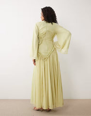 crinkle chiffon gathered maxi dress with micro ruffles in olive green