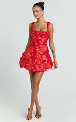 Sienna Mini Dress - 3D Floral Fit And Flare Dress in Red