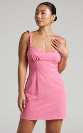 Jacqueline Mini Dress - Ruched Bust Frill Detail A Line Dress in Pink