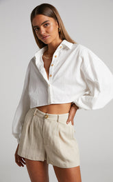 Marsha Linen Blend Shirt - Cropped Long Sleeve Button Up Shirt in White