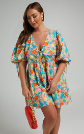Rosita Mini Dress - Tie Front Puff Sleeve Dress in Pink Floral