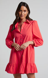 Maulee Mini Dress - Frill Hem Shirt Dress in Oxy Fire