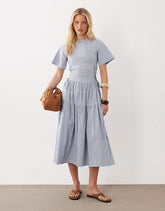 Ghospell Piper short sleeve tiered skirt midi dress in light blue striped print