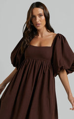 Cenia Midi Dress - Linen Straight Neck Shirred Back Puff Sleeve Dress in Dark Oak