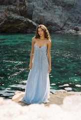 Wallie Baby Blue Rhinestone Embellished Mesh Backless Gown