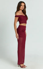 Francine Two Piece Top and Skirt Set - Twist Front Top and Mid Waist Gathered Maxi Skirt in Wine
