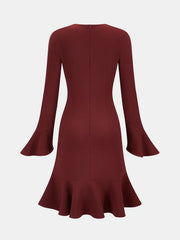 Bell Sleeve Asymmetrical Ruffle Fitted Dress