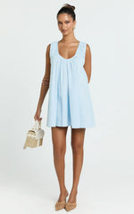 Lucinda Mini Dress - Deep U Gathered Neck Smock Dress in Pale Blue