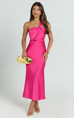 Carmella Midi Dress - One Shoulder Twist Detail Dress in Fuchsia