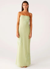 Sassafras Beaded Flower Strapless Maxi Dress Lime