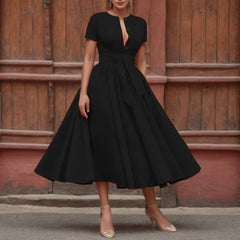 JuliaFashion - Vintage Solid Short Sleeve Maxi Dress