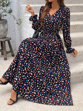 Loose Puff Sleeves Elasticity Floral Printed Split-Joint V-Neck Maxi Dresses