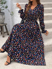 Loose Puff Sleeves Elasticity Floral Printed Split-Joint V-Neck Maxi Dresses