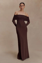 Josie Off Shoulder Mesh Maxi Dress - Dark Brown