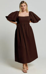 Cenia Midi Dress - Linen Straight Neck Shirred Back Puff Sleeve Dress in Dark Oak