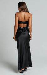 Strapless Cowl Back Satin Dress in Black