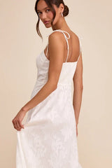 Loveliest Looks White Floral Jacquard Tie-Strap Midi Dress