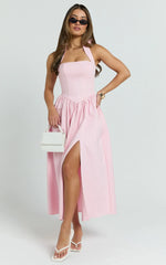 Halter Tie Neck Corset Panel Dress in Pink