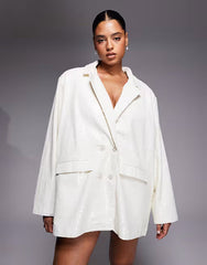 ASOS LUXE Curve sequined oversized blazer dress in white