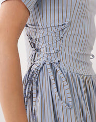 Ghospell Piper short sleeve tiered skirt midi dress in light blue striped print