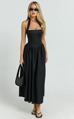 Halter Tie Neck Corset Panel Dress in Black