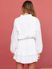 Shirt Dresses Ecru White V-Neck Long Sleeves Layered Mini Dresses