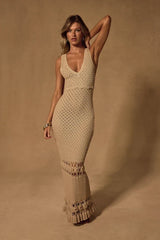 Nella Taupe Crochet V-Neck Maxi Swim Cover-Up