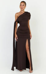 Bree Maxi Dress - Cape Tie Off Shoulder Fit And Flare Dress in Chocolate