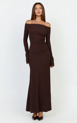 Ayla Maxi Dress - Off Shoulder Flared Sleeve Bodycon Dress in Chocolate