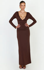 Juniper Maxi Dress - V Neckline Long Sleeve Gathered Detail Dress in Dark Chocolate