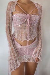 Sequins Knit Hollow Out Three-piece Outfits