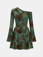 Flocked Floral Print One-Shoulder Mini Dress