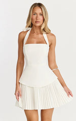 Calla Mini Dress - Halter Neck Peplum Pleated Skirt Dress in Off White