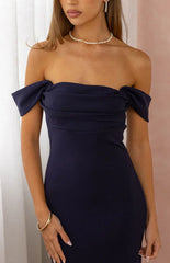 Ella Navy Off Shoulder Crepe Formal Maxi Dress