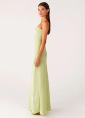 Sassafras Beaded Flower Strapless Maxi Dress Lime
