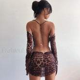 Leopard Mesh Tie-Up Mini Dress