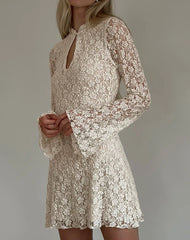Silvanna Long Sleeve Keyhole Mini Dress in Lace Ivory