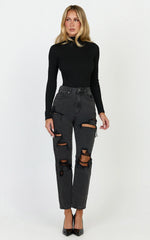 Billie Jeans - High Waisted Cotton Distressed Mom Denim Jeans in Black Wash