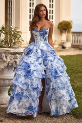 Strapless Floral Print Ruched Elegant Slim Prom Dress