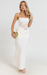 Contrast Lace Bodice Bias Cowl Drop Waist Dress in Cream
